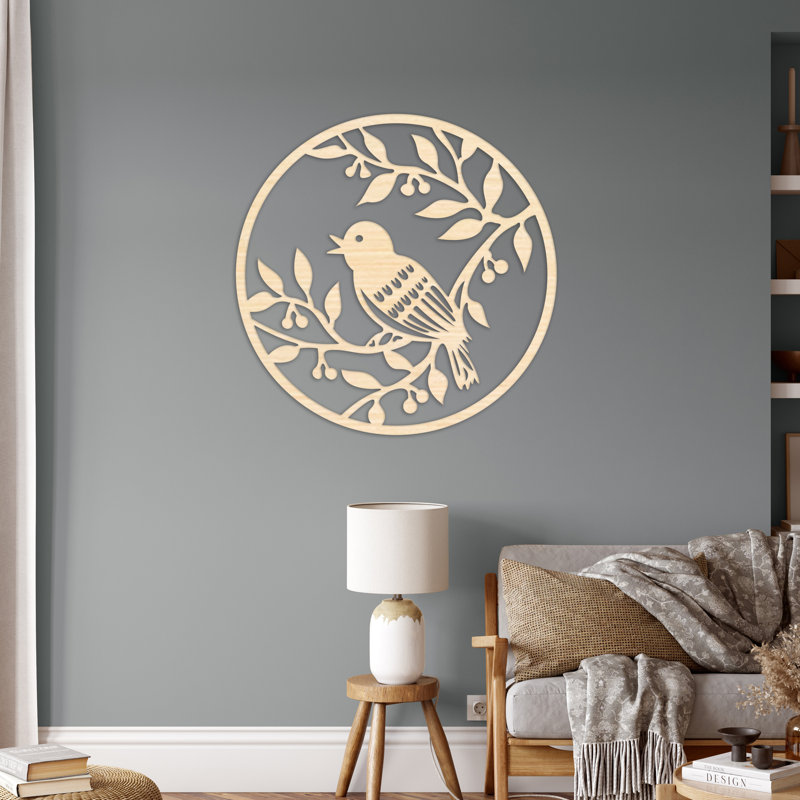 Art mural circulaire avec branches d'arbres et oiseaux - bouleau baltique naturel, H 46 po x l 46 po x P 0,25 po