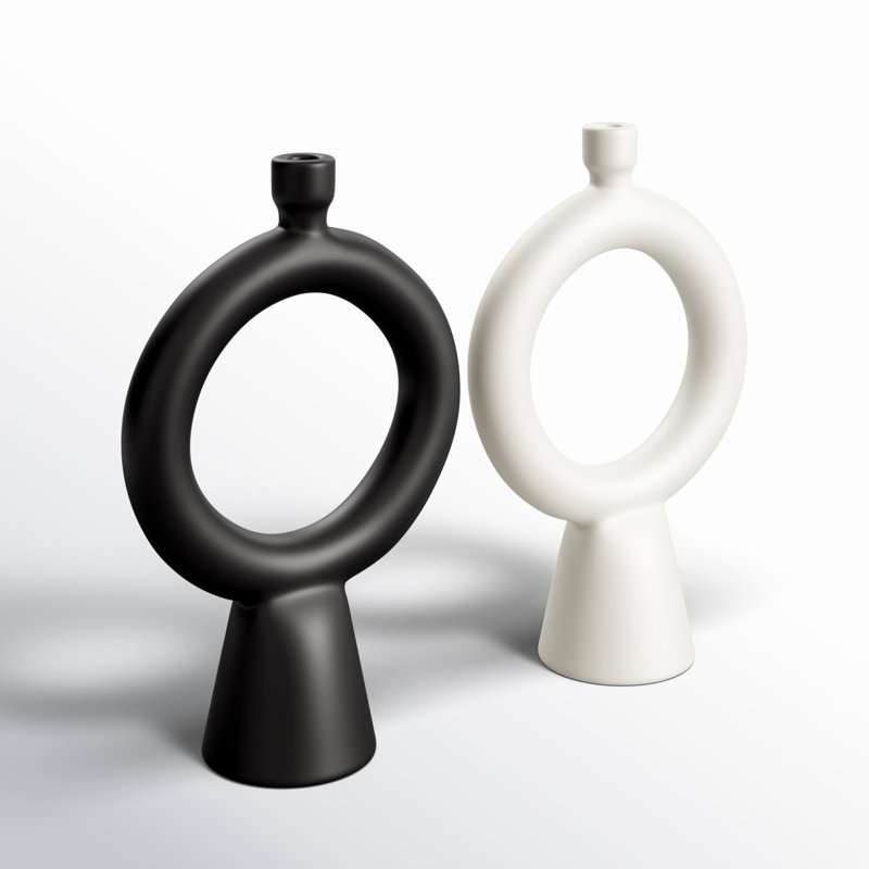 Black and White Ceramic Geometric Ring Tabletop Candlesticks, Set of 2