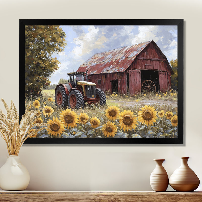 Diyora campagne côté tournesols avec tracteur ferme I - tournesols, art mural, Reproduction encadrée d'une seule photo