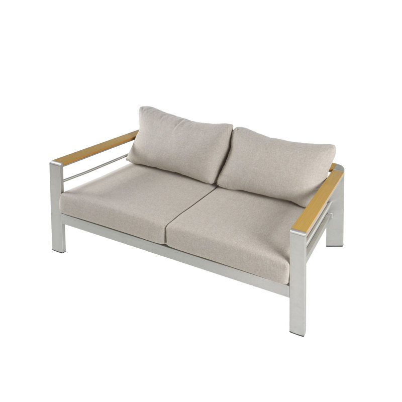 Causeuse d'extérieur en aluminium, structure argentée avec coussin beige