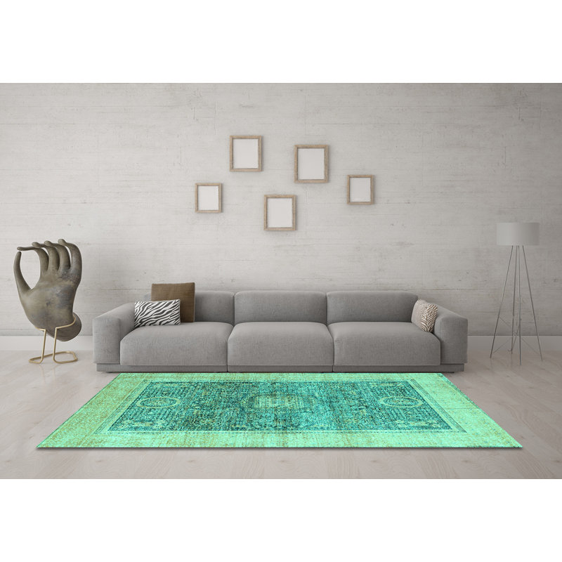 Tapis bleu abstrait en chenille tissée à la machine, Rectangle 5 pi x 7 pi