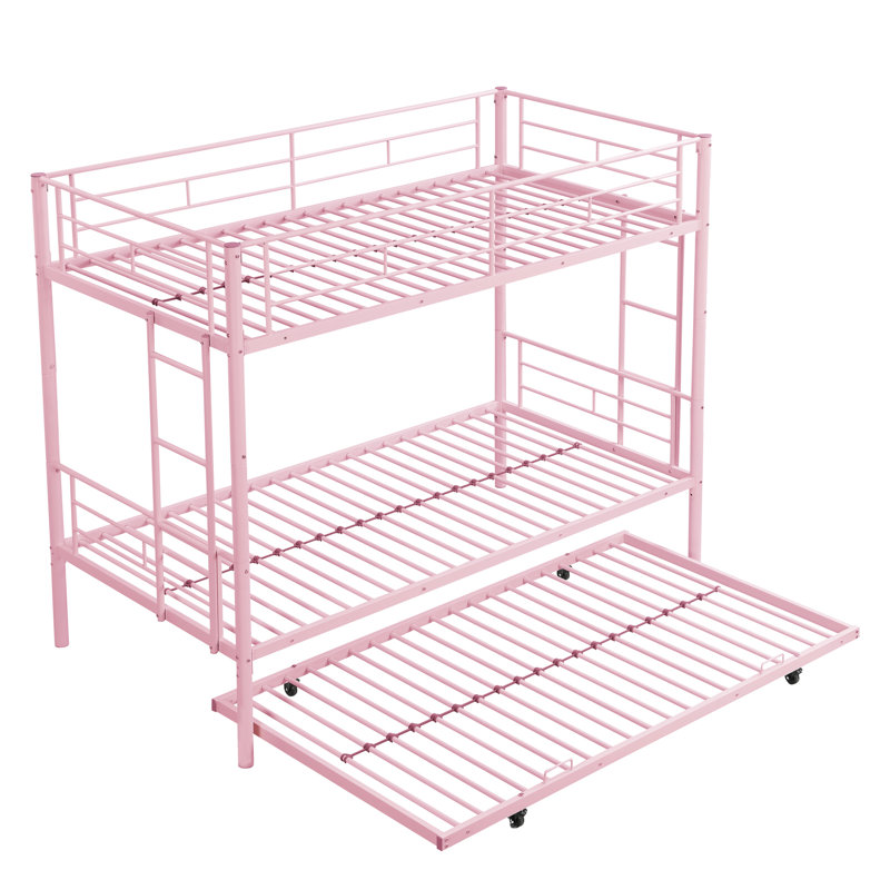 Lit superposé en métal avec lit gigogne rose - Délice de chambre à coucher moderne, conception d'espace, construction durable, fonctionnement silencieux et stable, grande capacité de charge, escalier sécuritaire inclus, lit simple