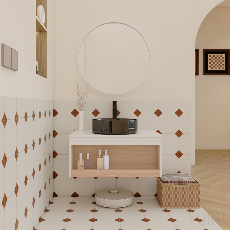Meuble-lavabo flottant de 30 po avec lavabo vasque en veine de marbre noir, meuble-lavabo mural avec rangement ouvert, finition blanche avec décor en bois, conception moderne peu encombrante (livré dans 2 boîtes)