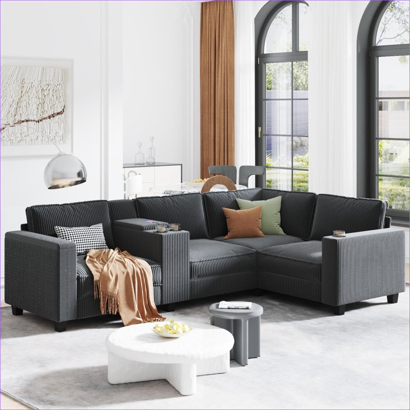 Sectional Sofas | 105.5'' 4-Seater L-Shaped Corduroy Sofa, Living Room, Storage &amp; USB Charging | Grey | Standard