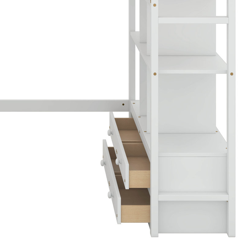 Loft Bed with Built-in Desk with Two Drawers, and Storage Shelves and Drawers, Full, White 