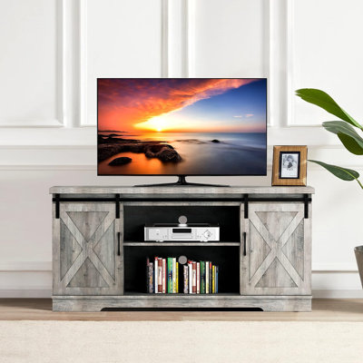Meuble télé de style ferme moderne pour téléviseur de 65 pouces, console multimédia haute