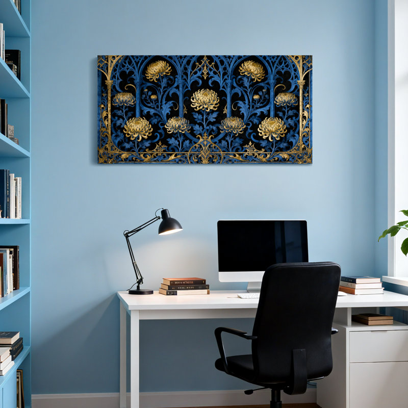 Plants &Flowers Blue And Gold Floral Gothic Pattern, 20" H x 40" W