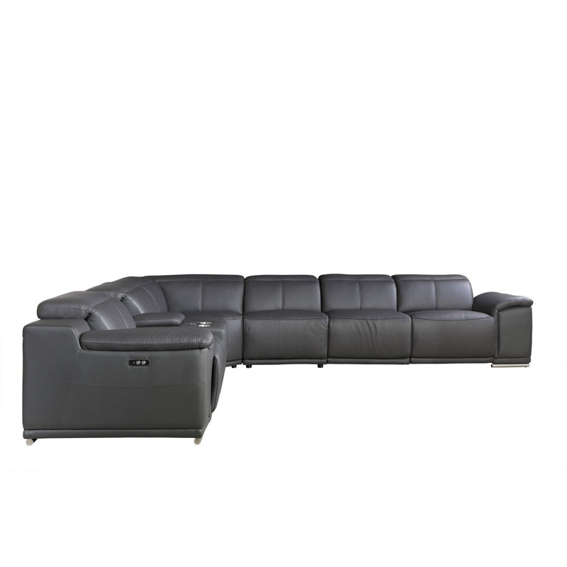 Harwyn 138" Wide Genuine Top Grain Italian Leather Symmetrical Reclining Corner Sectional, Gray Genuine Leather