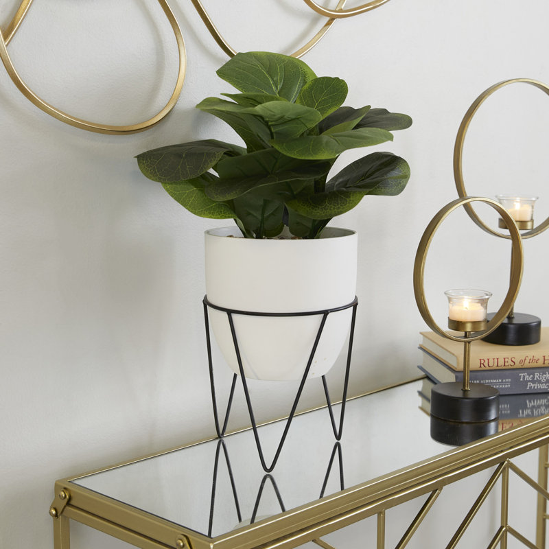 19.25'' Green Faux Pilea Plant in White Metal Pot