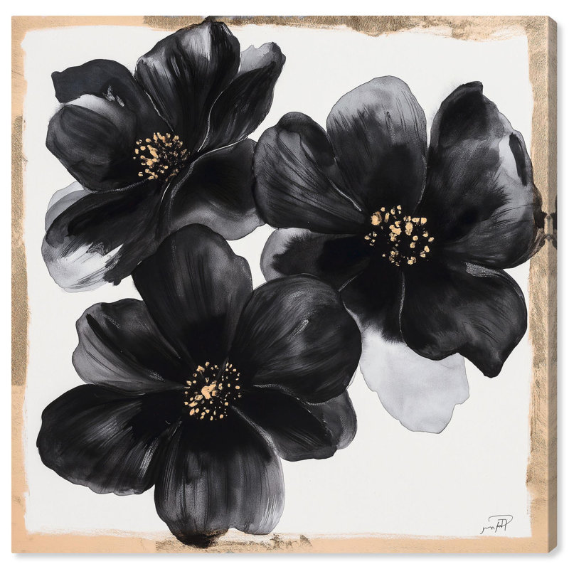 «Enigma Black and Gold III», art floral élégant par Art Remedy, H 24 po x l 24 po x P 1,5 po, Toile tendue