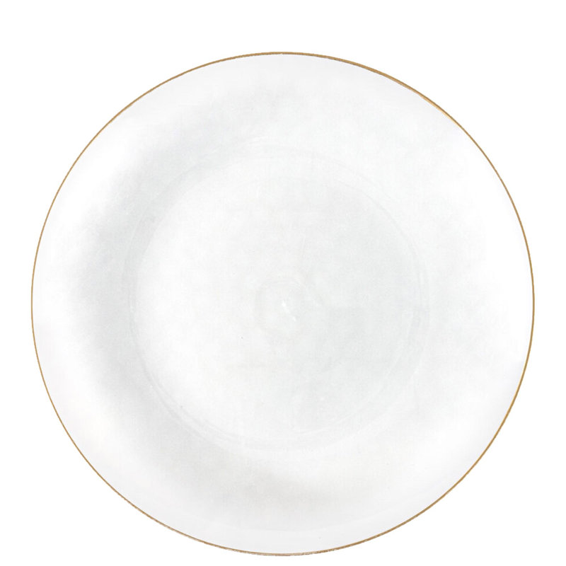 Assiettes transparentes martelées rondes blanches de 10 pouces avec bordure dorée Ecoqualité pour 110 invités