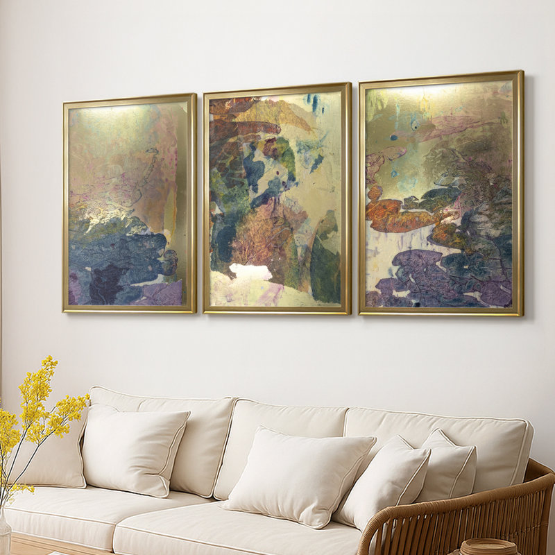 «Monet's Landscape I - Toile tendue avec châssis sur mesure - 3 pièces, H 19 po x l 27 po, Doré