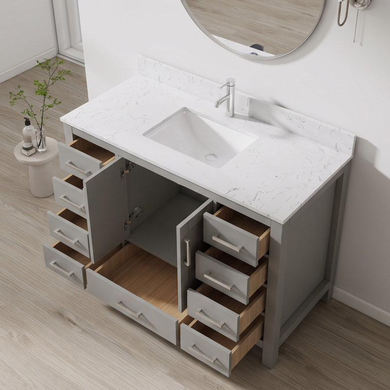Meuble-lavabo autoportant simple 48 po gris avec plateau et dosseret en marbre de culture 48 po , Gris