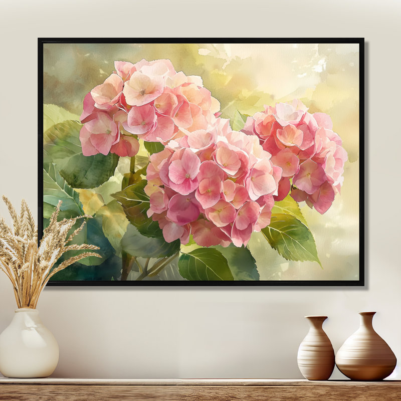 Hortensias dans un jardin d'été I - hydrangées grand art mural, H 30 po x l 40 po, Impression encadrée flottante