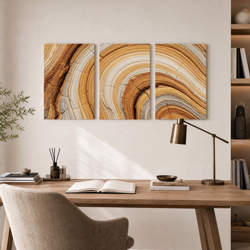Ensemble de 3 toiles murales représentant des couches de grès incurvées dans les tons bruns et beiges