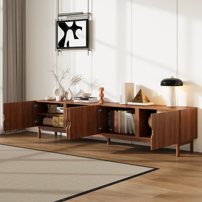87- Inch TV Stand for TVs up to 90 inches, Media Console with 4 Cabinets, Solid Wood Legs,Vertical Groove Panel , for Living Room, Modern Entertainment Center