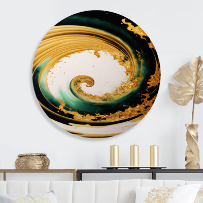 «Bold Gold Half Circle - Abstract Spirals», art mural rond sur métal