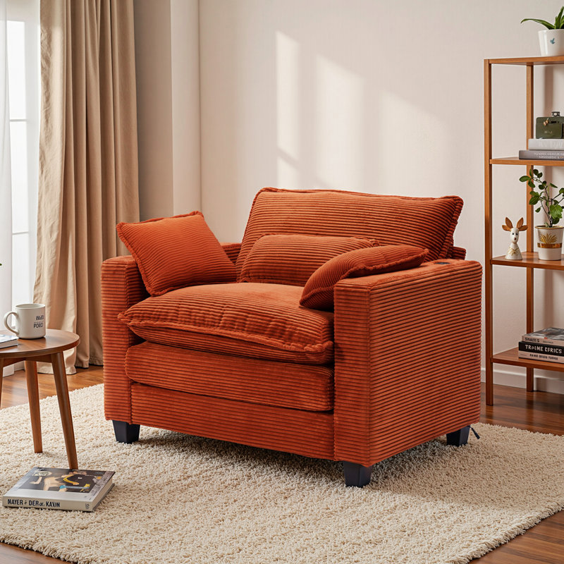 Corduroy Oversized Chair with Ottoman - 40" Wide Comfy Lounge Armchair with USB Ports & Cup Holders | Deep-Seat Upholstered Single Sofa for Living Room, Office & Bedroom