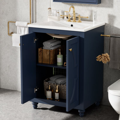 24" French-Elegance Bathroom Vanity with Ornate Elliptical Motif | Ball-Turned Legs, Soft-Close Hinges, Open Back Structure, Adjustable Shelf for Compact Spaces