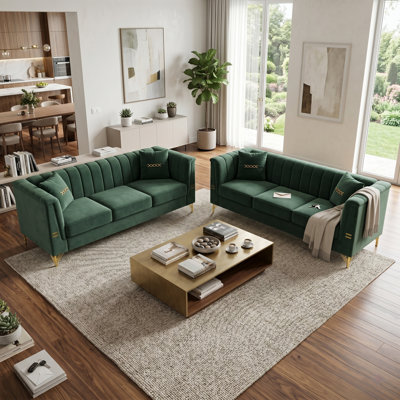 FX-P82B-2PC SOFA -GR (INSTALLATION DE W576S00242) Ensemble de canapé 3 places en velours 3 pièces 83,5 po, canapé capitonné avec ressorts ensachés et mousse haute résilience, pieds en métal doré, mobilier de salon