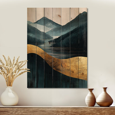 Sunrise On Golden Emerald Mountains Horizon I - Lake Wood Wall Decor - On Natural Pine Wood