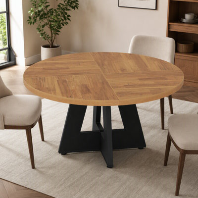 47″ Round Farmhouse Dining Table for 4, Wooden Kitchen Dinner Table with Metal Frame and MDF Top, Casual Dining