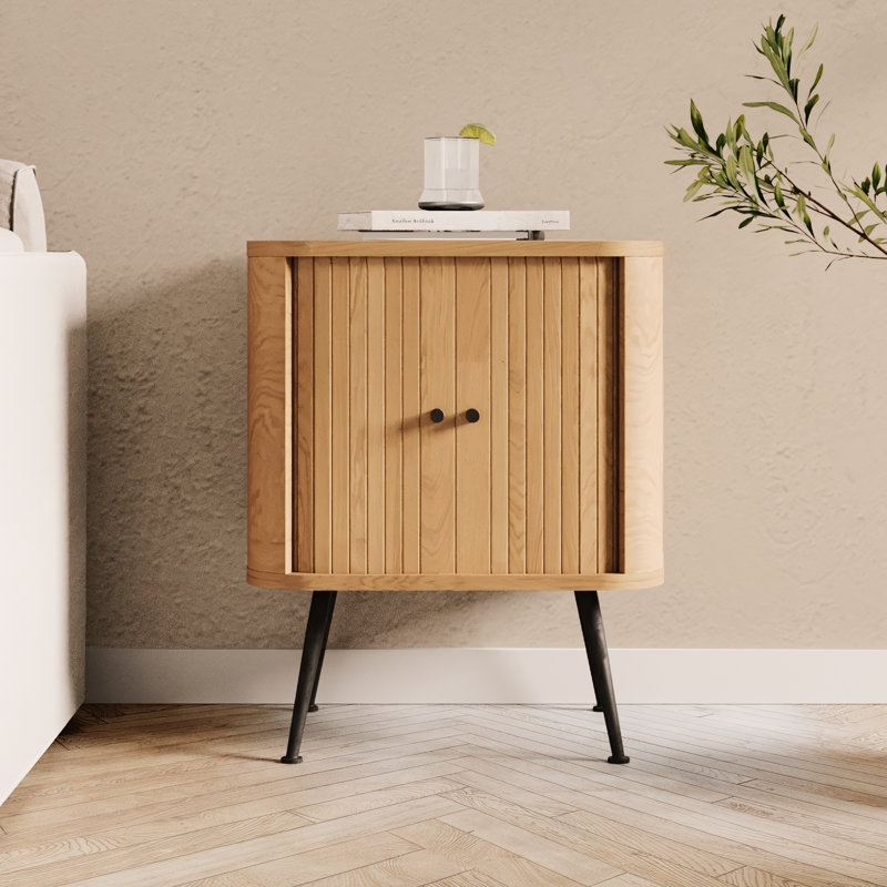 Mancebo Nightstand with Storage Japandi Oak Bedside Table with Sliding Tambour Door and Adjustable Shelves for Living Decor