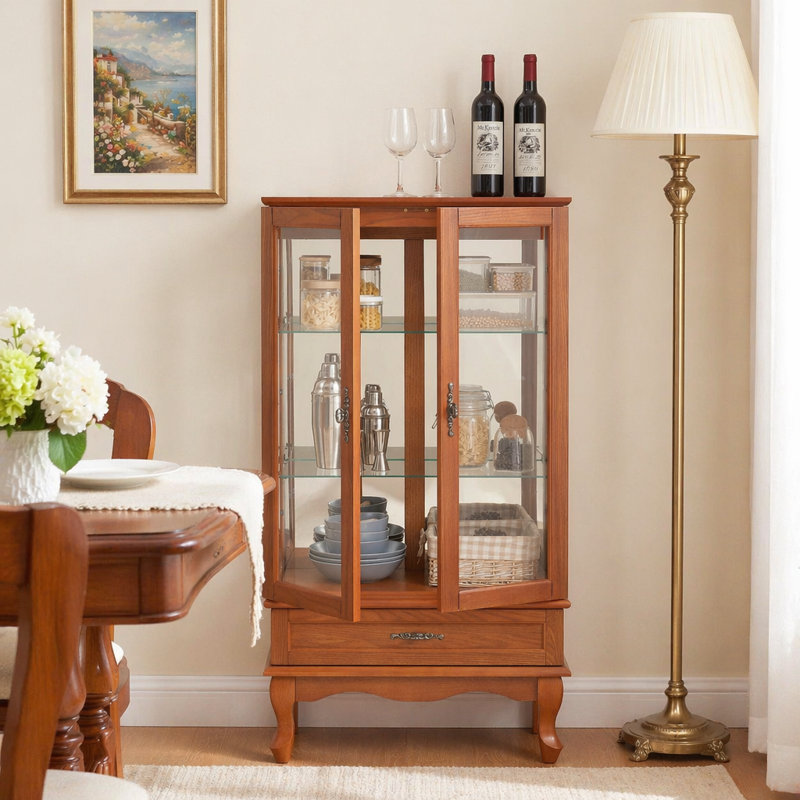 Vitrine lumineuse en verre avec tablettes réglables, deux portes et un tiroir pour la décoration et le rangement, idéale pour mettre en valeur des trésors