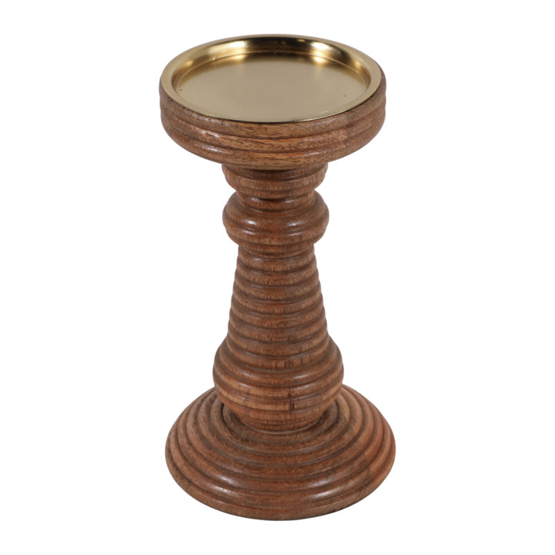 Ribbed Mango Wood Pillar Candle Holder For Home Decor - Sculptural Decorative Accent For Dining Room Tabletop Or Coffee Table - 7.5", Brown & Tan