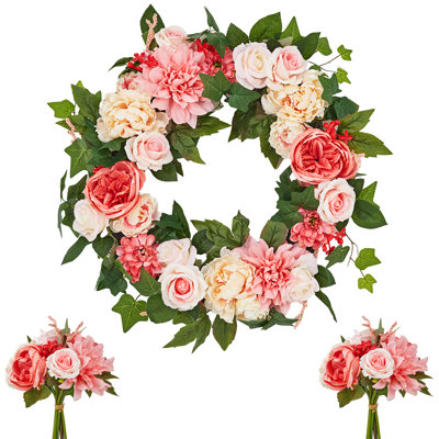 Couronne de pivoines de printemps et de dahlia de 24 po avec verdure luxuriante, couronne de porte florale artificielle avec base en rotin véritable, comprend 2 bouquets assortis, 18 22 24 po pour la décoration de la porte d'entrée