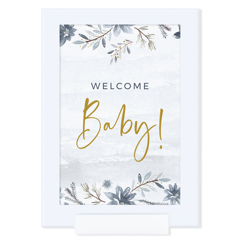 Panneau de bienvenue «Welcome Baby», aquarelle encadrée, flocons de neige et fleurs