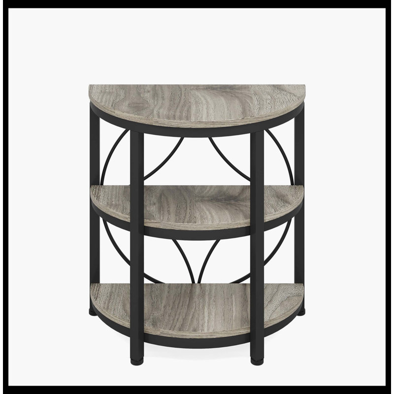 Table de bout demi-ronde, table d'appoint étroite à 3 niveaux avec structure en métal, Gris