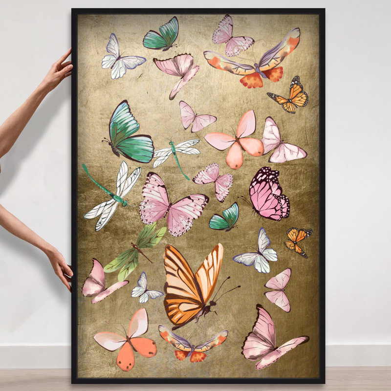 Oliver Gal Flying Over Gold Butterflies - Leaf Framed Shadowbox Art, 55.5" H x 37.5" W, Black