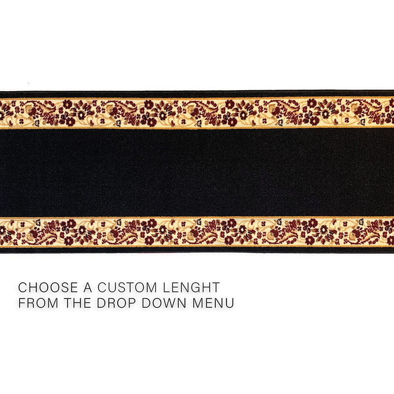 Custom Size Runner Rug Choose Your Length Flower Bordered Design Black Color, Runner 2'2" x 12'