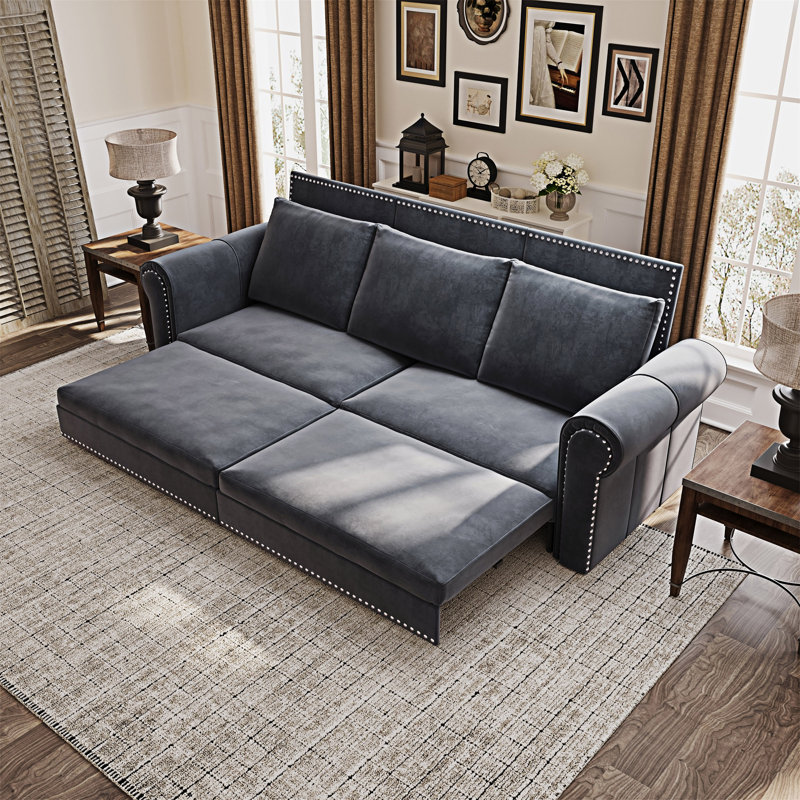 Canapé-lit Chesterfield avec garniture cloutée, Gris