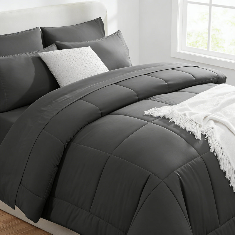 7 Piece Queen Quilted Comforter Set Dark Grey, Gray Abstract
