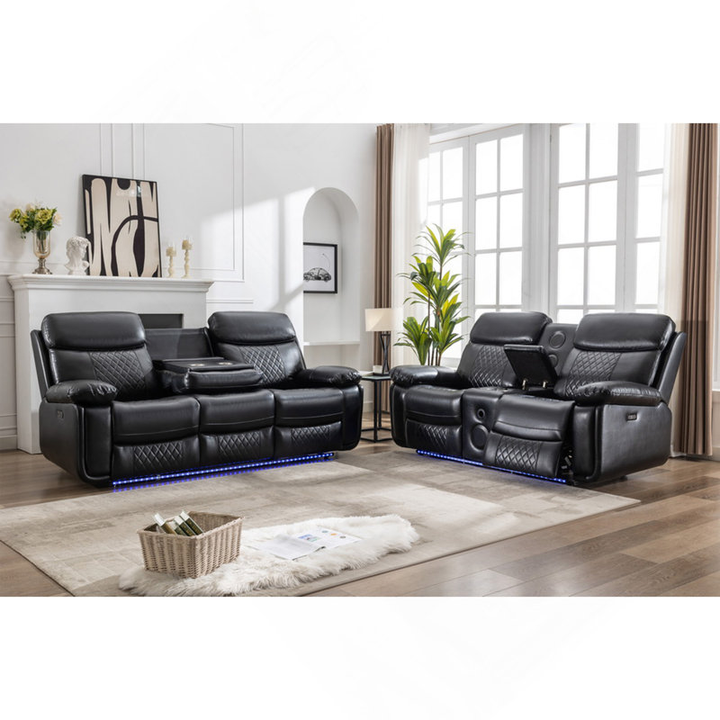 Ensemble de canapé inclinable électrique 3 + 2 avec haut-parleur / console / bande de couleur noire, Noir