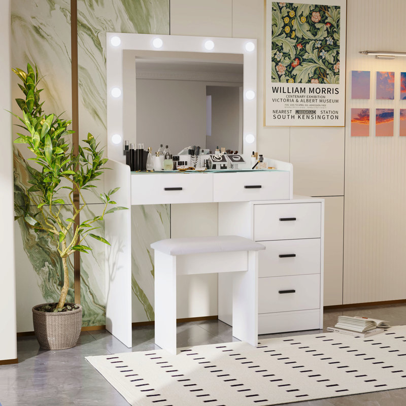 White Color Adjustable Dressing Table With 5 Drawers