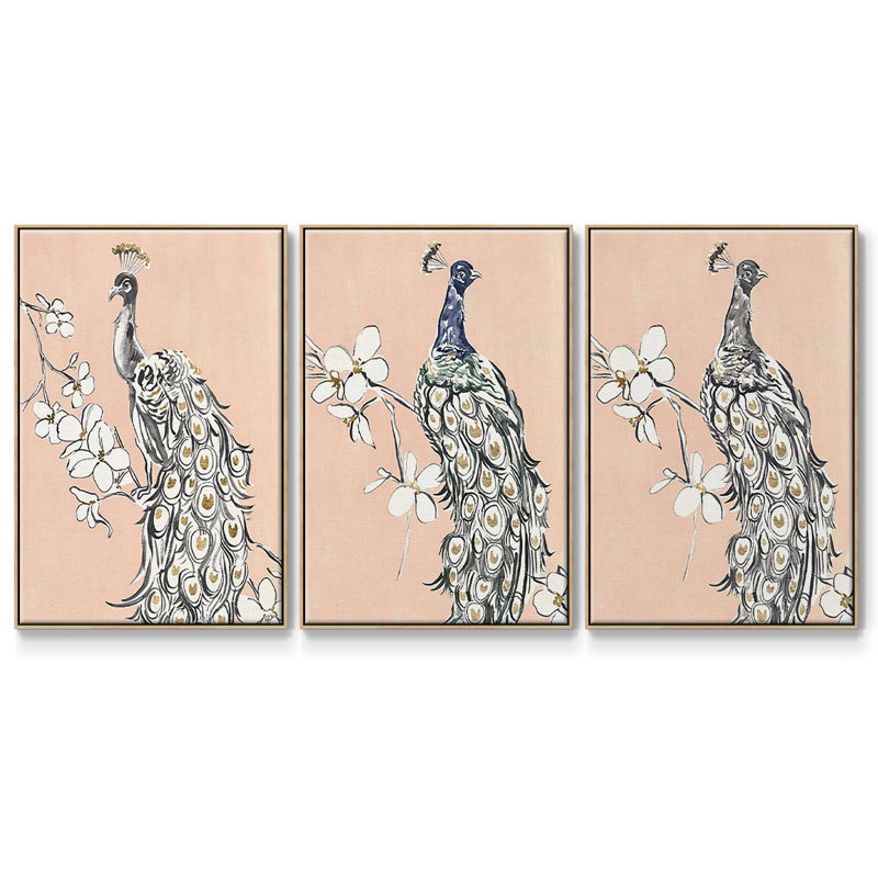 Paon en or I - ensemble de 3 reproductions sur toile, Naturel, H 27 po x l 54 po