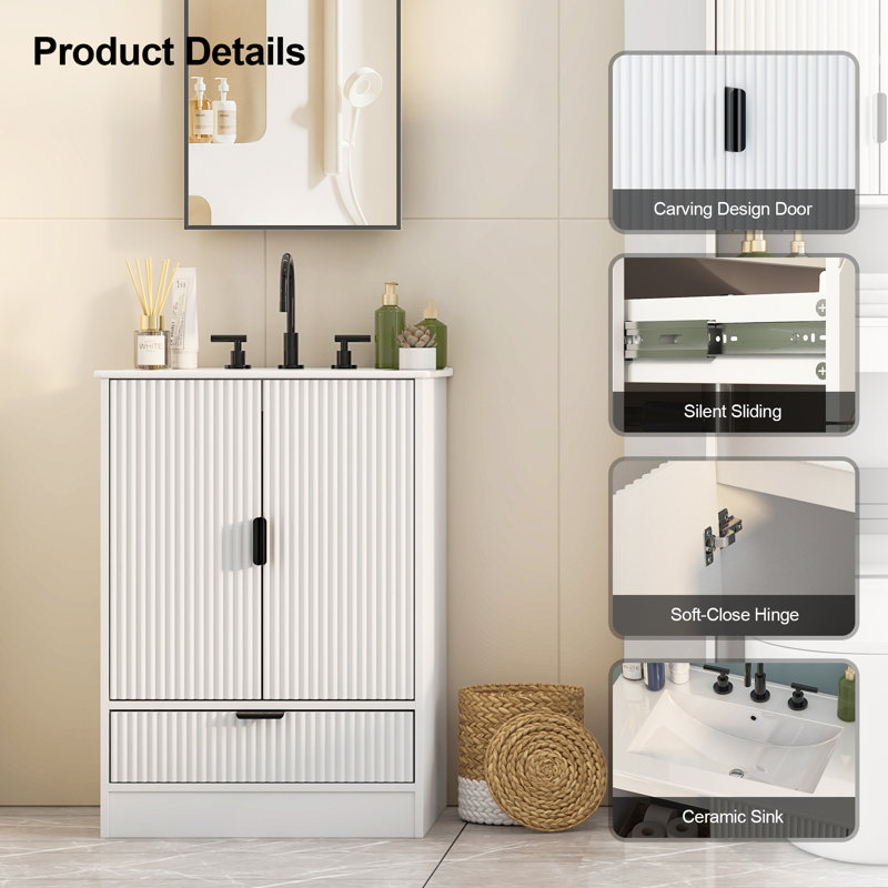 24'' Single Bathroom Vanity With Ceramic Top, 33" H x 24" W x 18" D