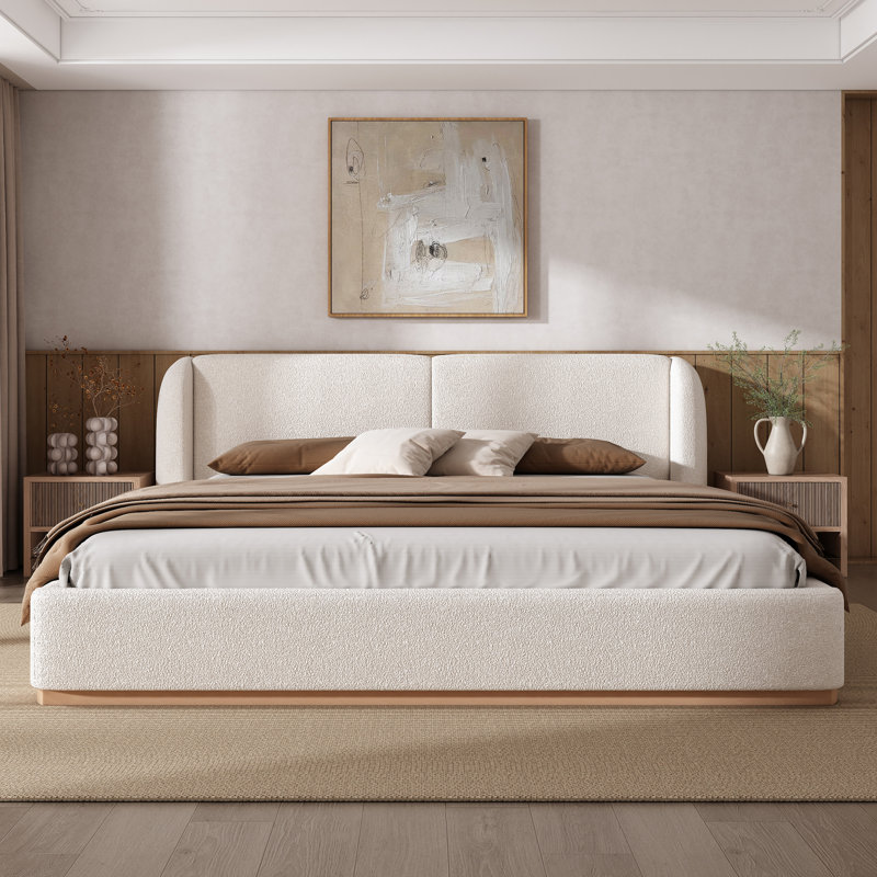 Upholstered Bed Frame With Wingback Headboard, King