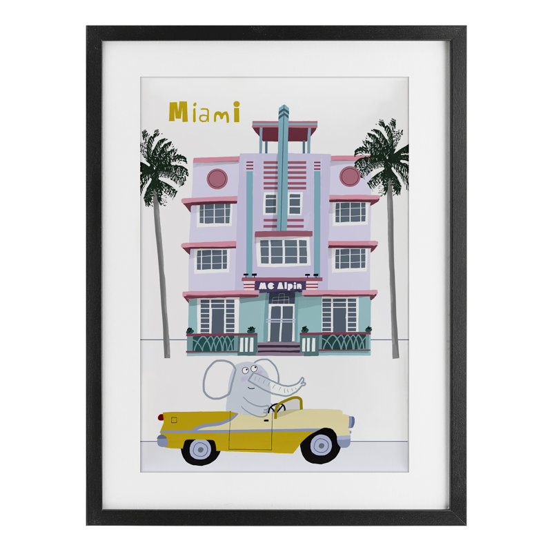 «Elephant & Miami Hotel», reproduction sous verre encadrée, design par Carla Daly, H 20 po x l 14 po, Cadre noir minuit