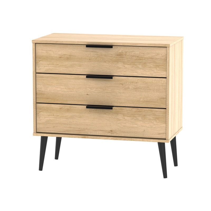 Fully Assembled Euart 3 Drawer Chest, Oak/Black