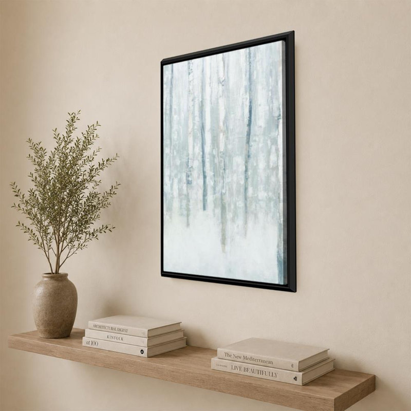 «Birches in Winter Blue Gray» par Julia Purinton - impression sur toile, 36" H x 24" W, Cadre flottant biseauté, Noir