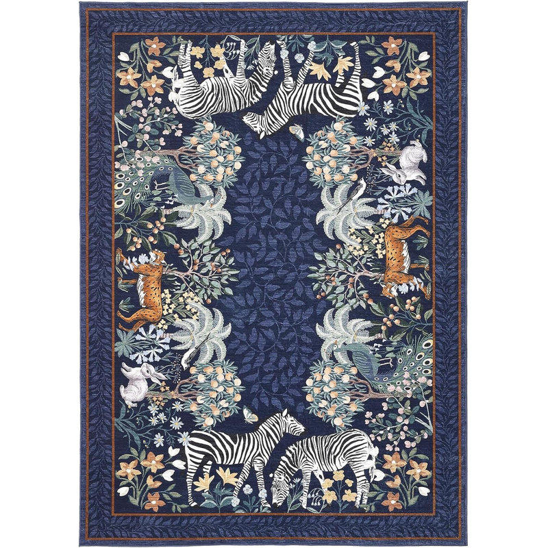 Zebra Navy Blue Washable Rugs 9X12 For Playroom Vintage Jungle Woodland Forest Safari Animal Print Rug Low Pile Botanical Kids Rugs For Living Room Kitchen Nursery Room