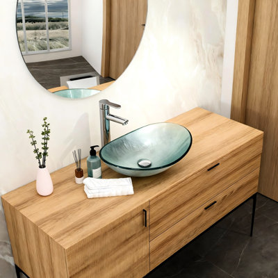 Lavabo de salle de bain en verre trempé argenté, mécanisme intégré escamotable, pour divers environnements domestiques, lavabo vasque en forme de bateau avec drain de poids de 18,7 lb, idéal et autre surface lisse, facile à nettoyer,