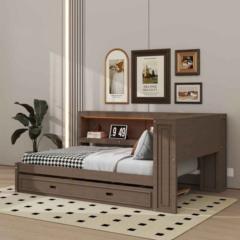 Lit de jour multifonctionnel en L avec lit gigogne, tablettes de rangement, ports USB et éclairage DEL, Bois antique