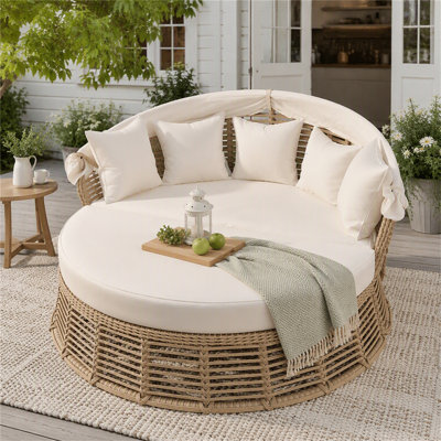 Outdoor Patio Rattan Round Daybed With Retractable Canopy