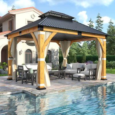 13 Ft. W x 11 Ft. D Outdoor Spruce Wood Gazebo - Galvanized Steel Double Roof with Curtain and Nettings