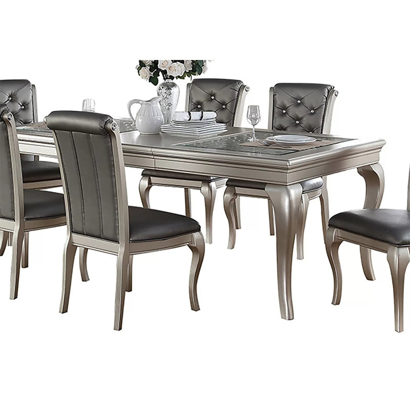 Dining Table Rectangle Glass Inert Top Silver Hue 7Pc Dining Table 6X Side Chairs Tufted Back Dining Room Furniture